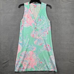 Lilly Pulitzer Coral Print V‎ Neck Smocked Sleeveless Beach Dress XS